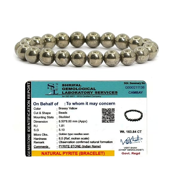 Pyrite bracelet with a gemstone identification report from Shrifal Gemological Laboratory Services on a white background.