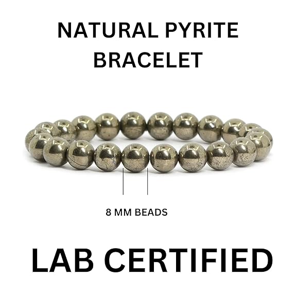Pyrite bracelet with 8 mm beads on a white background, labeled as lab certified.