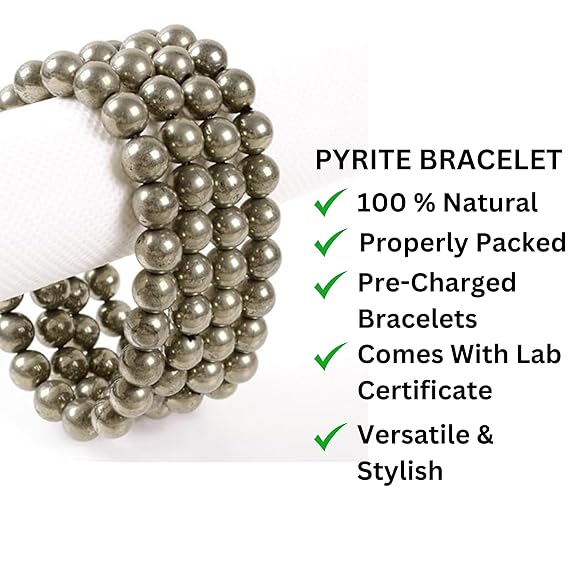Pyrite bracelet with product features listed on a white background