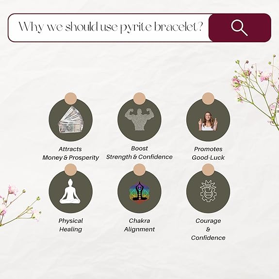 Pyrite bracelet benefits with icons and text on a light background