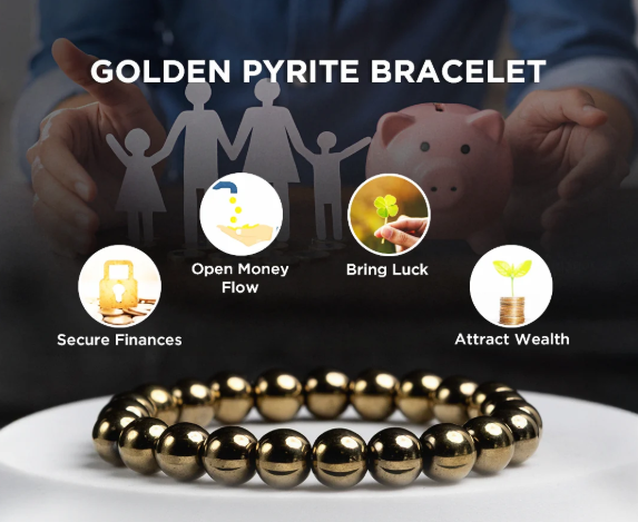 Golden pyrite bracelet with icons and text about its benefits on a white surface.